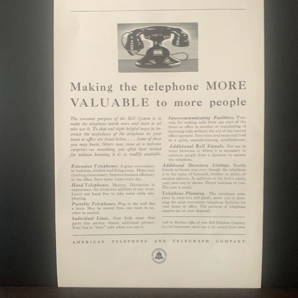 Vintage 1933 American Telephone & Telegraph AT&T More Valuable Ad Advertisement
